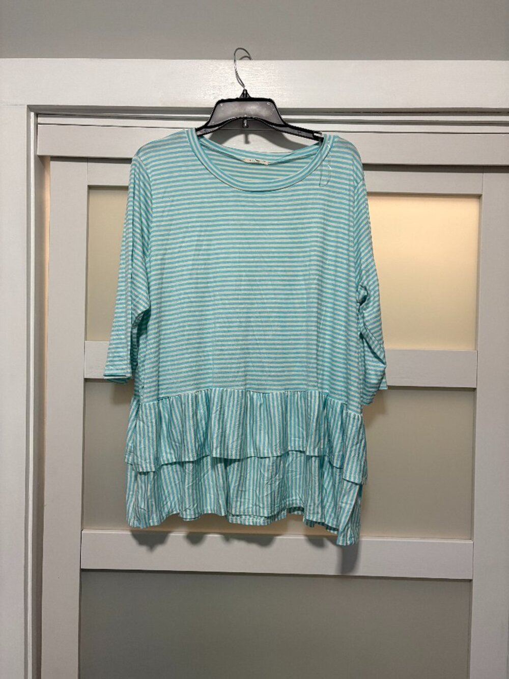 E.Luna Women's Blue Stiped Ruffle Tunic Babydoll Shirt sz 2X NEW